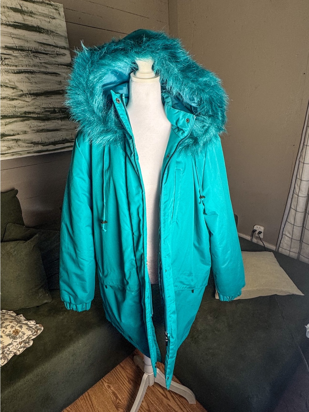Vintage Turquoise Faux Fur Hooded Parka Jacket - Women